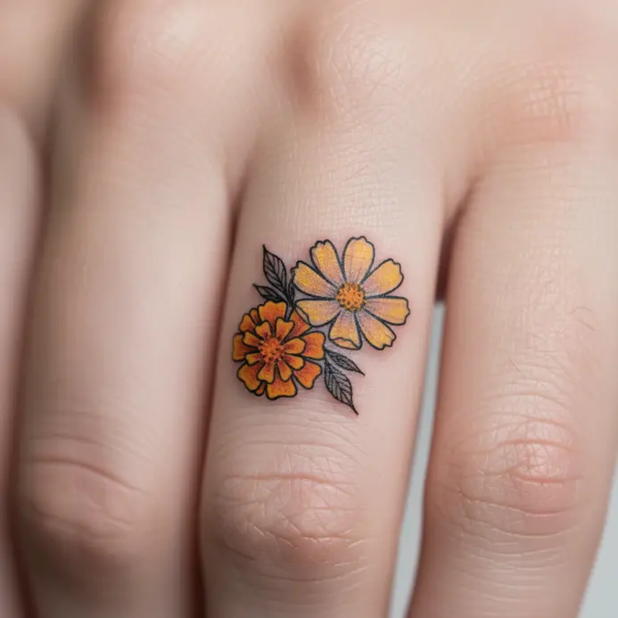 A minimal tattoo of a marigold and a cosmos flower in a small cluster on the side of a finger.