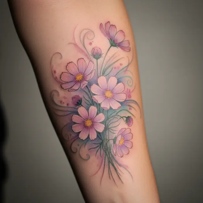 A soft, painterly tattoo of purple and pink cosmos blooms with blended watercolor edges on the forearm.