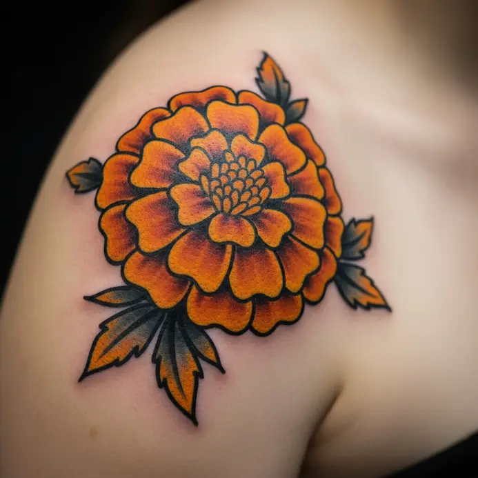 A vibrant orange and yellow marigold tattoo with black outlines and dimensional shading on the shoulder.