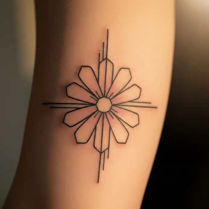 A stylized cosmos flower composed of clean linework and geometric shapes tattooed on the inner bicep.