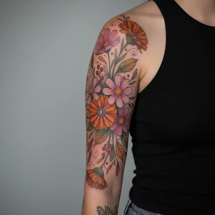 An intricate black ink tattoo of marigold and cosmos stems intertwined along the ribcage.