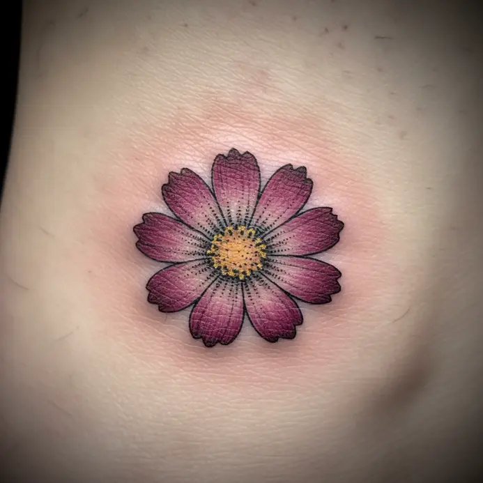 A tiny, highly detailed tattoo of a single cosmos flower with realistic shading on the ankle.