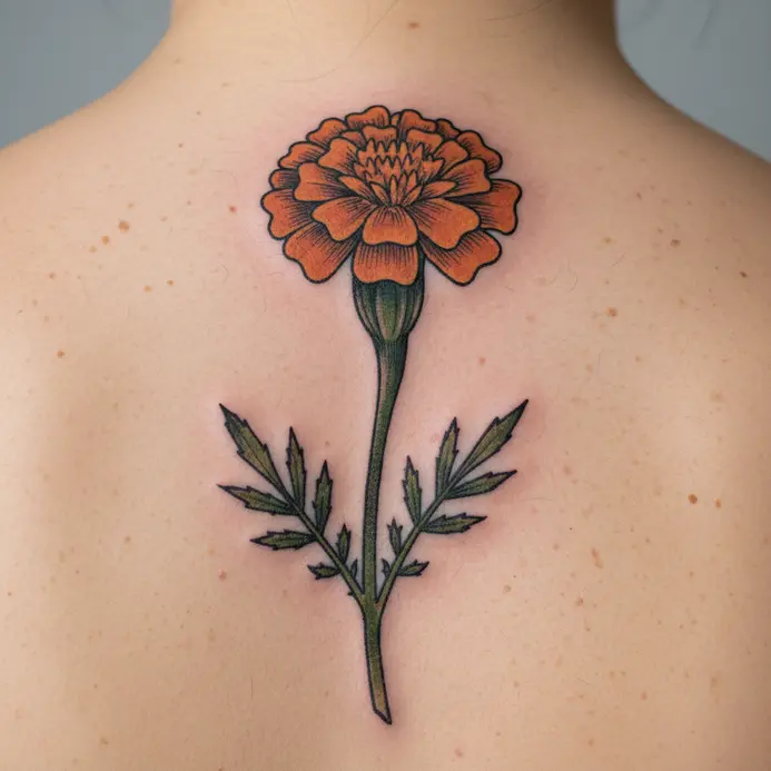 A single marigold stem with leaves tattooed in an illustrative style along the vertebrae.