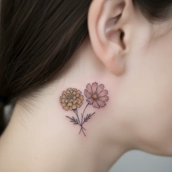 A petite tattoo of a marigold bud and a cosmos bloom placed delicately behind the ear.