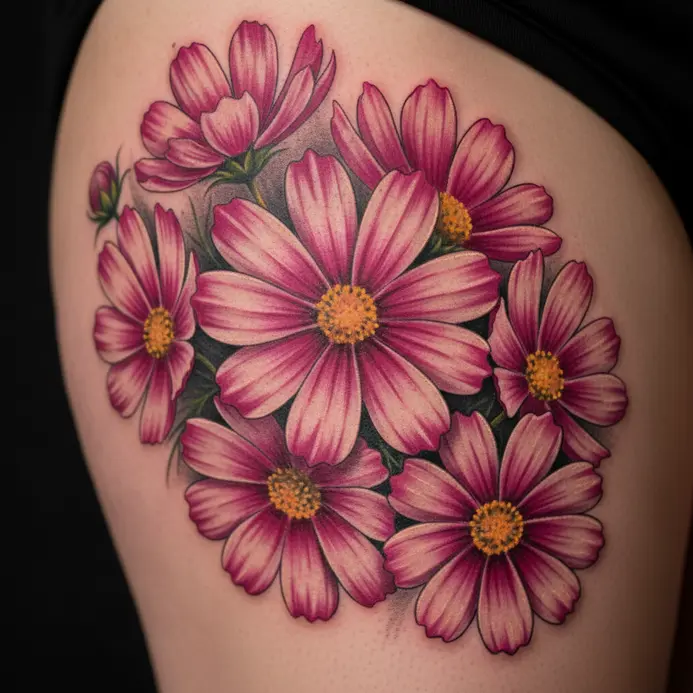 A vibrant bouquet of pink and white cosmos flowers tattooed with rich color on the thigh.