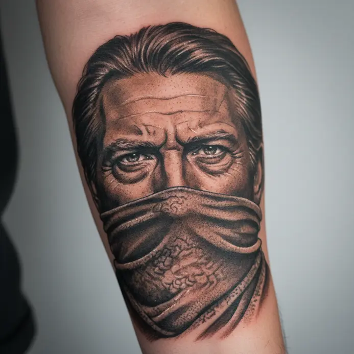 A realistic portrait tattoo of a man squinting eyes, with a bandana pulled up over his nose.