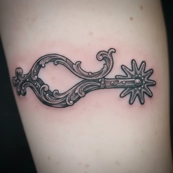 A delicate fine-line tattoo showcasing the intricate scrollwork and rowel of a silver cowboy spur.