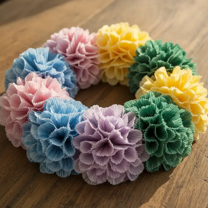 A decorative wreath made from coffee filters dyed in the five Olympic ring colors and pinched into flowers.