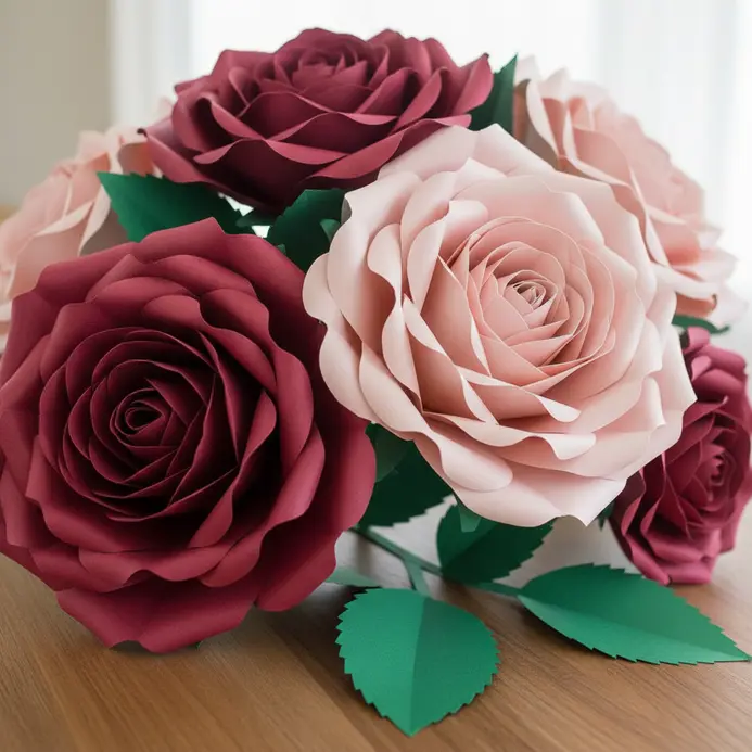 A dramatic centerpiece with oversized red and pink paper roses nestled among green leaves in a white ceramic bowl.