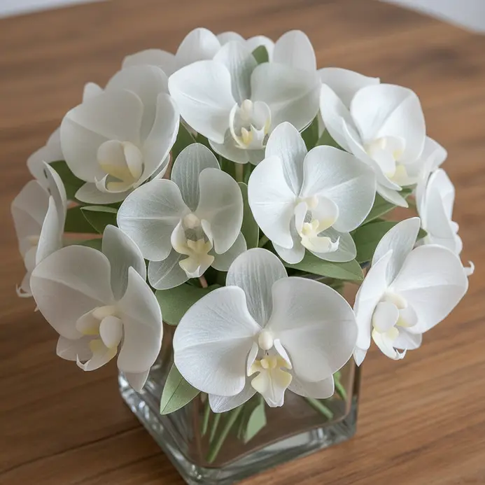 A sophisticated centerpiece with translucent white vellum paper orchids and green leaves in a modern glass cube.