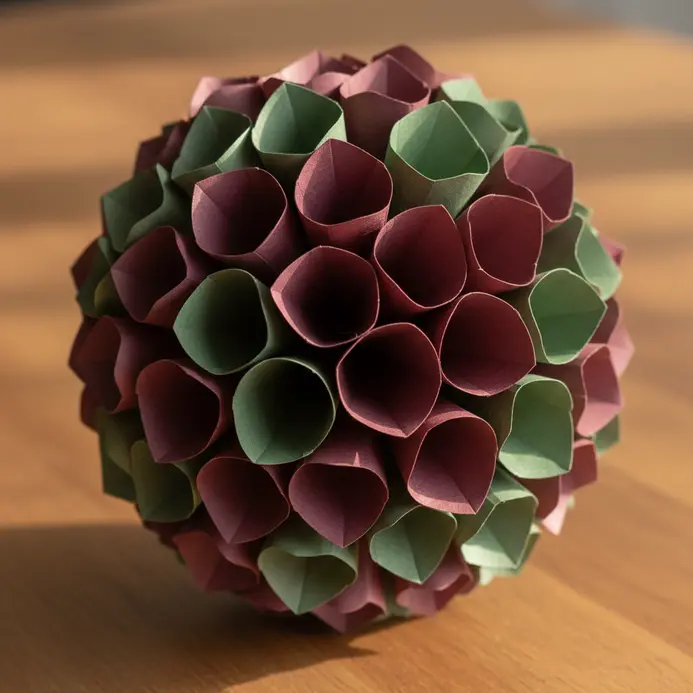 A perfectly round, burgundy paper dahlia constructed from many individual folded paper petals forming a geometric orb.