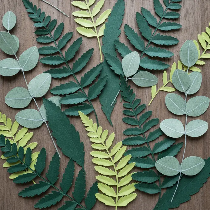 A wall-mounted centerpiece with detailed green paper fern fronds and silver dollar eucalyptus leaves in a deep frame.