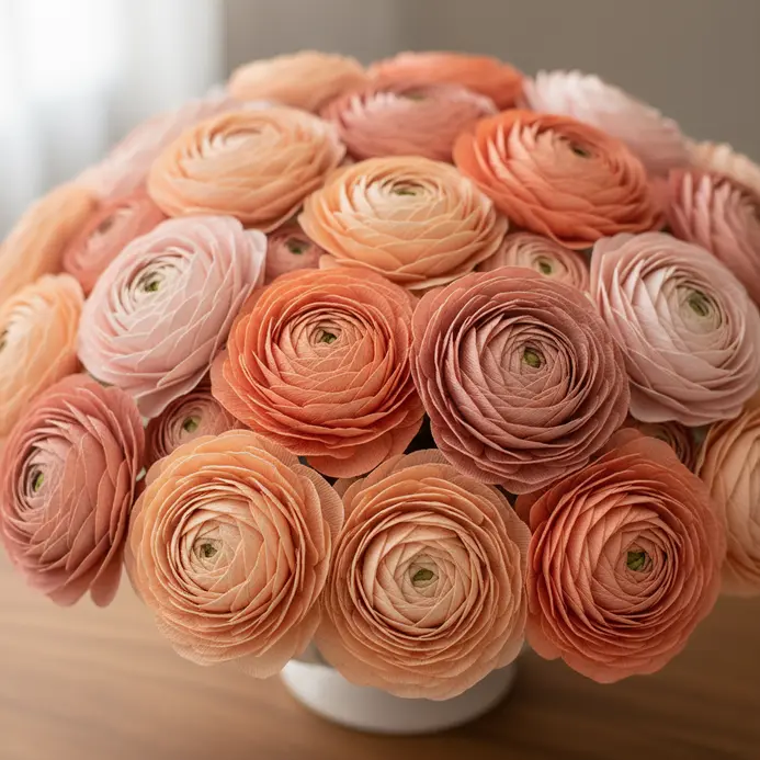 A dense, romantic bunch of pale pink paper ranunculus flowers with many layered petals in a milk glass compote.