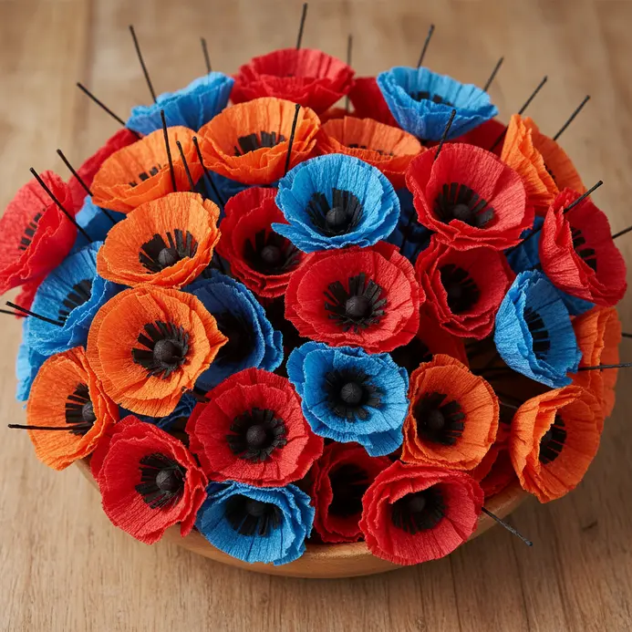 A lively and colorful table arrangement with red, orange, yellow, and blue paper poppies with black centers.