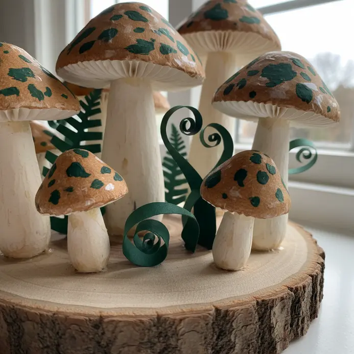 A natural tablescape with assorted brown and white paper mushrooms, paper ferns, and green moss on a wood slice.