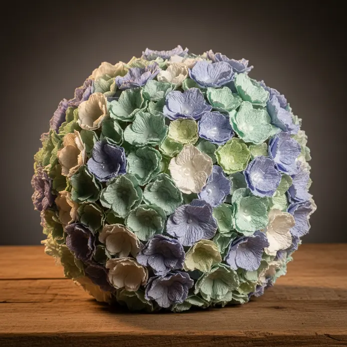A lush, round centerpiece made from hundreds of small, pale blue and green crepe paper hydrangea florets.