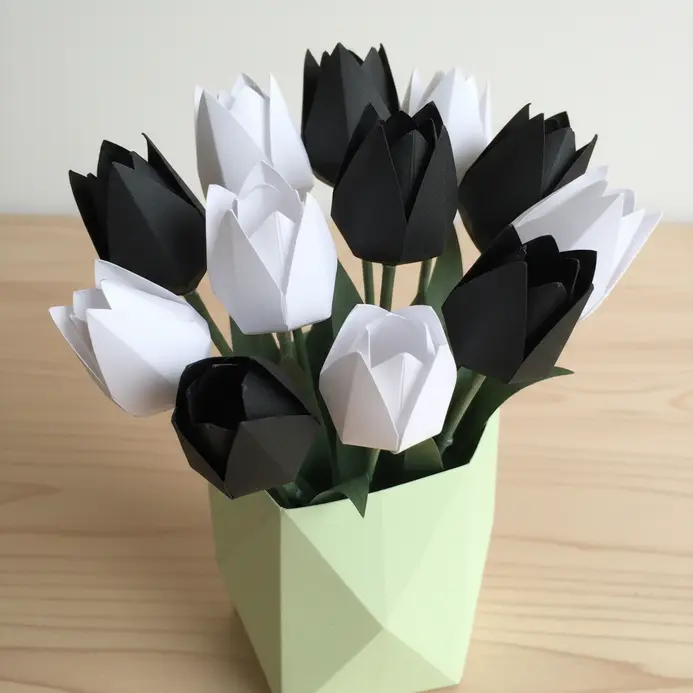 A minimalist arrangement of stark black and pure white paper tulips standing upright in a rectangular black vase.