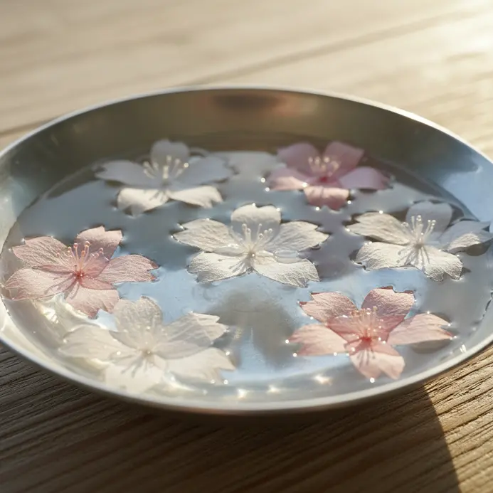 A shallow glass bowl filled with water and floating white and pale pink paper cherry blossom flowers.