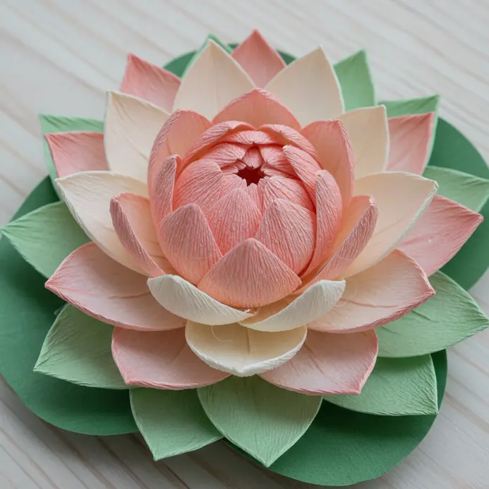A large, detailed paper lotus flower with many layers of pointed pink and white petals, resting on a bed of leaves.