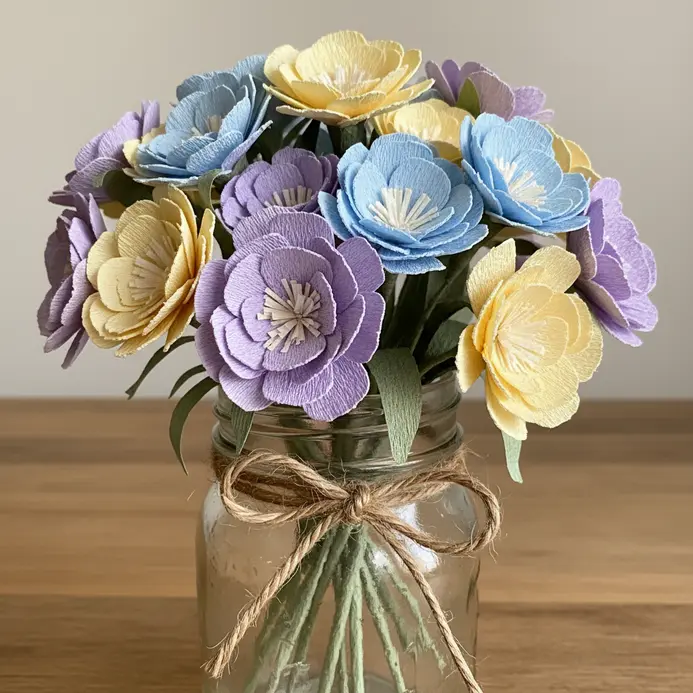 A casual arrangement of colorful paper daisies, lavender, and baby's breath tied with twine inside a glass mason jar.