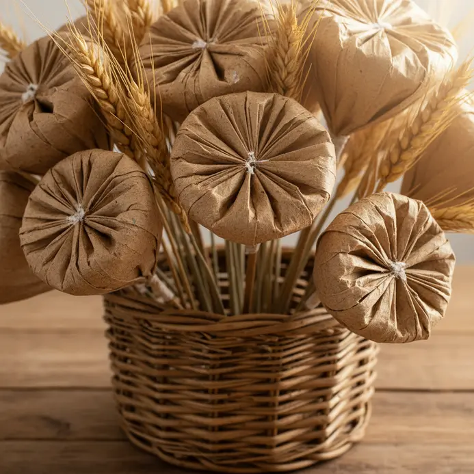 A rustic arrangement of tan and brown kraft paper flowers, pods, and wheat stalks in a woven basket.