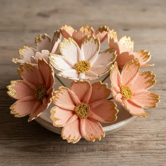 A cheerful arrangement of pink paper cosmos flowers where the tips of each petal are edged with fine gold glitter.