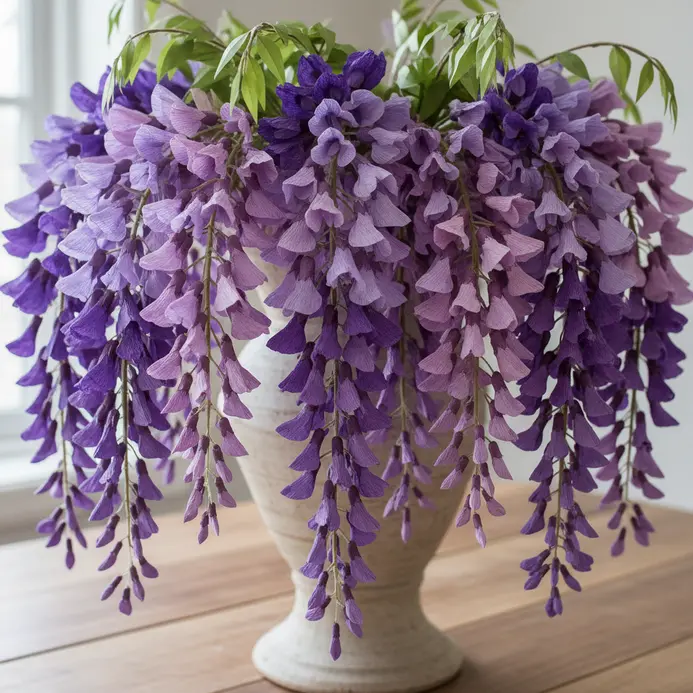 A dramatic centerpiece with long strands of lavender and purple paper wisteria flowers draping from a tall urn.