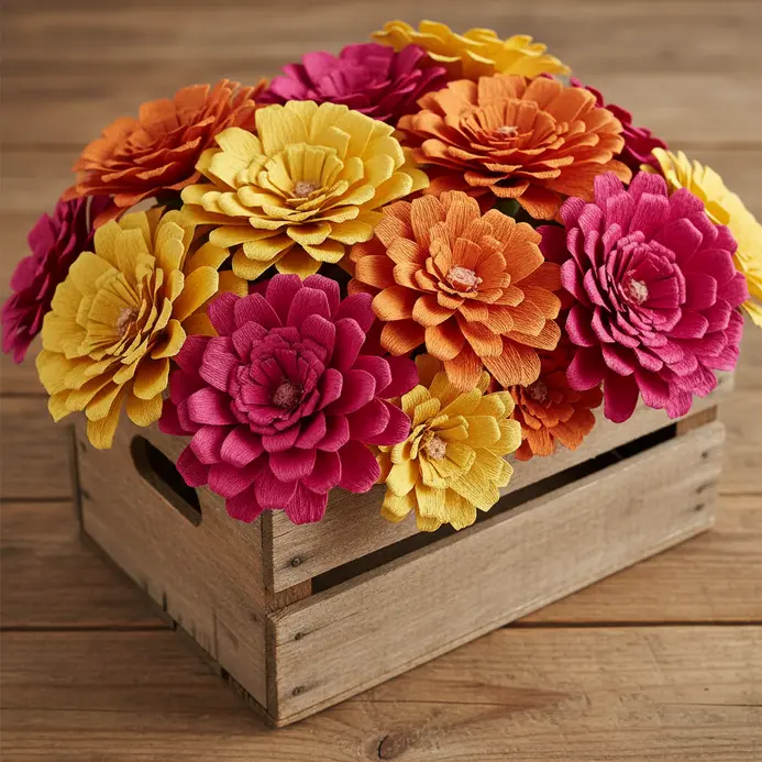 A rustic wooden crate filled with a profusion of bright red, orange, and yellow paper zinnias of various sizes.
