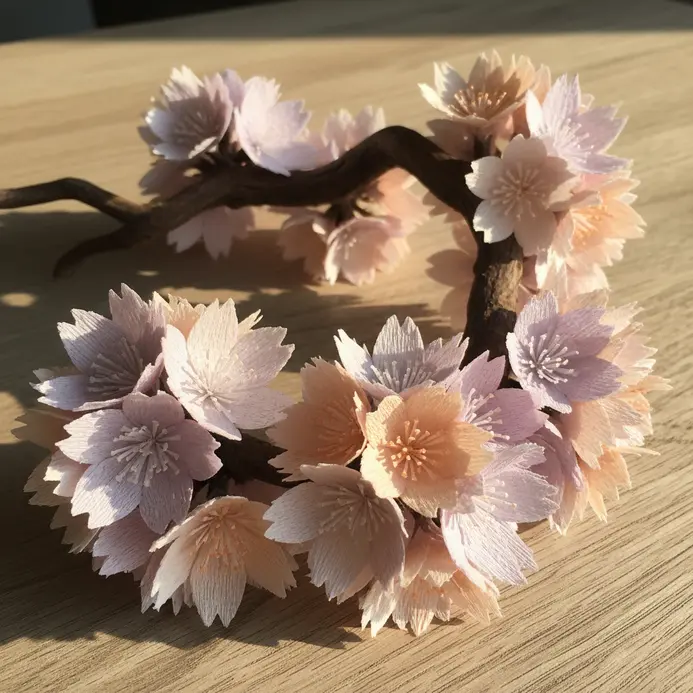 A delicate centerpiece with a curved branch holding clusters of pale pink and white paper cherry blossoms.