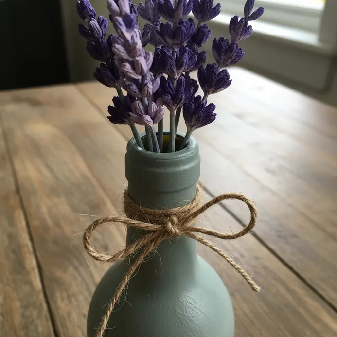 A bundle of purple paper lavender spires tied with twine and placed in a matte green painted wine bottle.