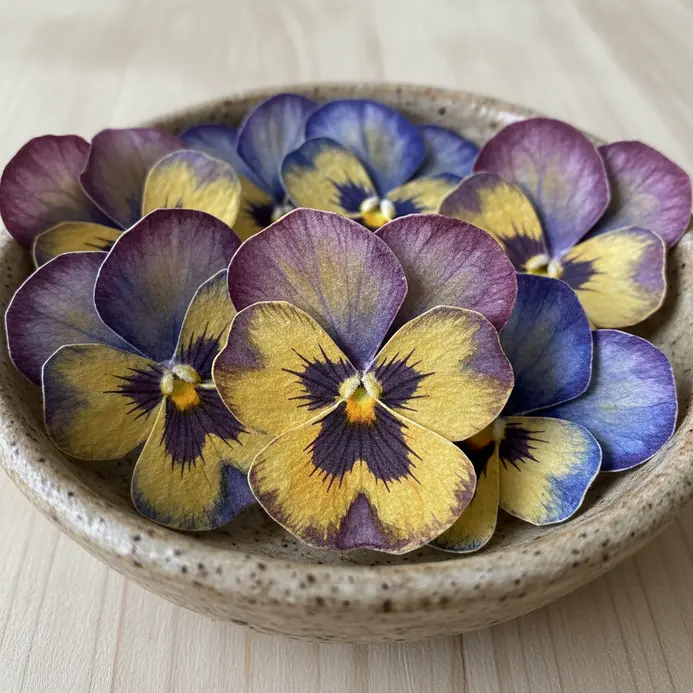 A collection of purple, yellow, and blue paper pansies with petals that show a soft, watercolor ink wash effect.