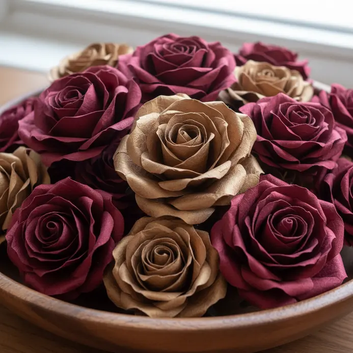 Luxurious deep burgundy paper roses that have a soft, velvety surface texture, arranged in a low gold bowl.