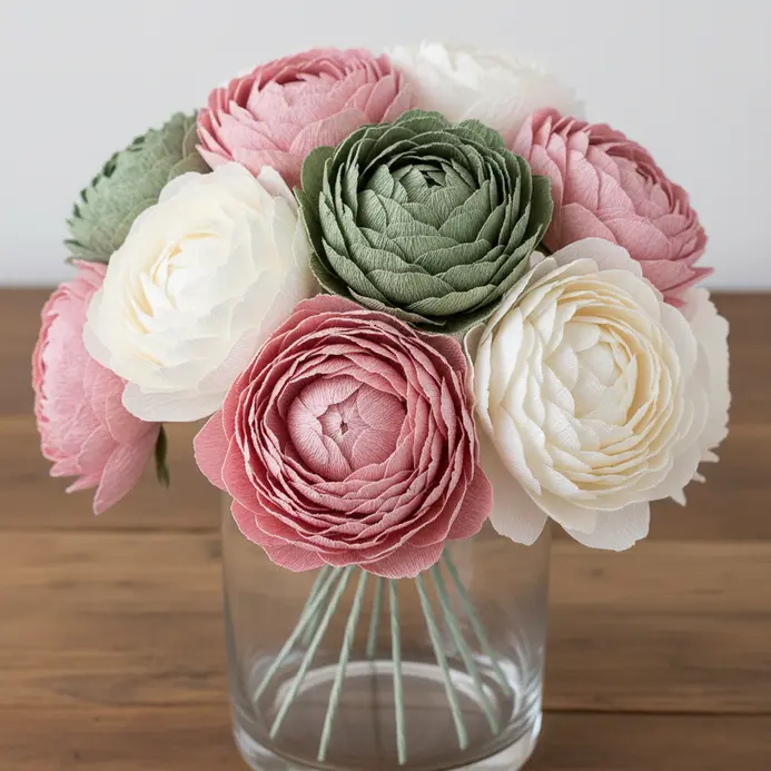 A full, romantic centerpiece featuring soft pink and white crepe paper peonies with detailed, ruffled petals in a crystal vase.