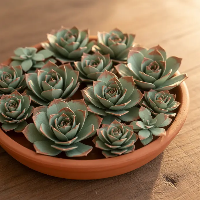 A collection of green and blue paper succulents and cacti arranged in a small, shallow terracotta pot with faux sand.