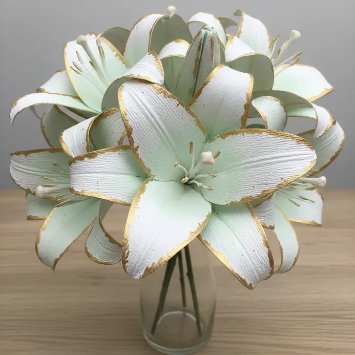 Several elegant white paper lilies with gilded edges and stems displayed in a slender glass vase.