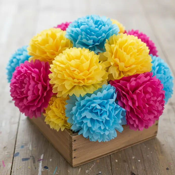 A playful table arrangement with fluffy pink, yellow, and blue tissue paper pom poms gathered in a wooden box.
