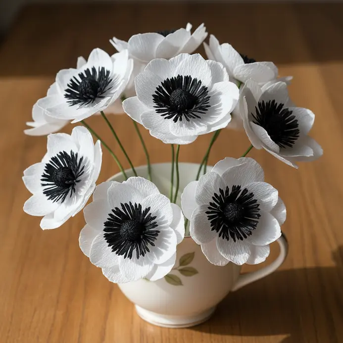 A few simple white and black paper anemones with green centers placed artfully in a vintage china teacup.