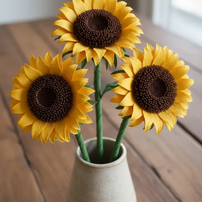 Three large, cheerful yellow paper sunflowers with brown centers on long, sturdy stalks inside a tall ceramic vase.