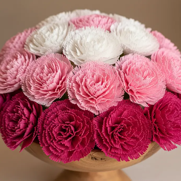A round arrangement of paper carnations that smoothly transition from deep pink to light pink to white.
