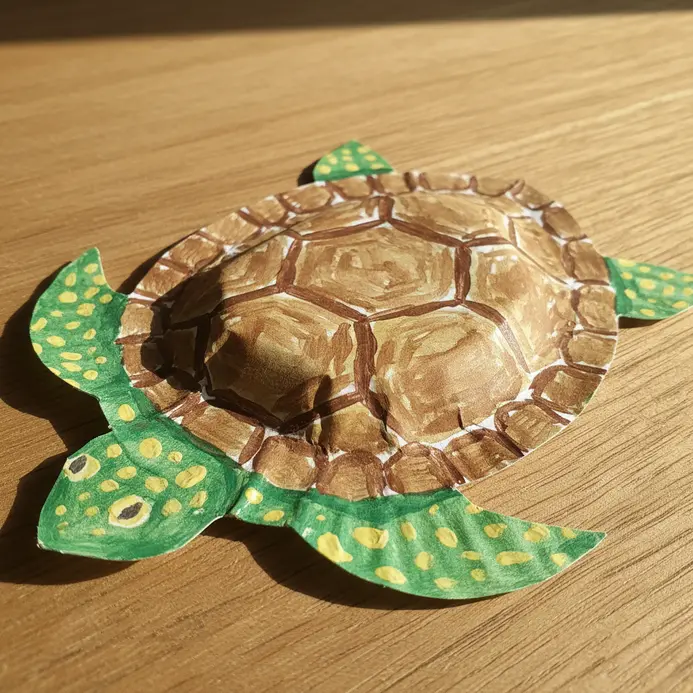 A green paper plate turtle with a painted shell pattern and a paper head and legs.