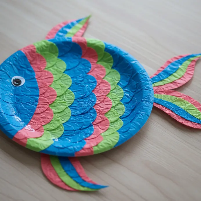 A blue paper plate fish with colorful tissue paper scales and a flowing crepe paper tail.