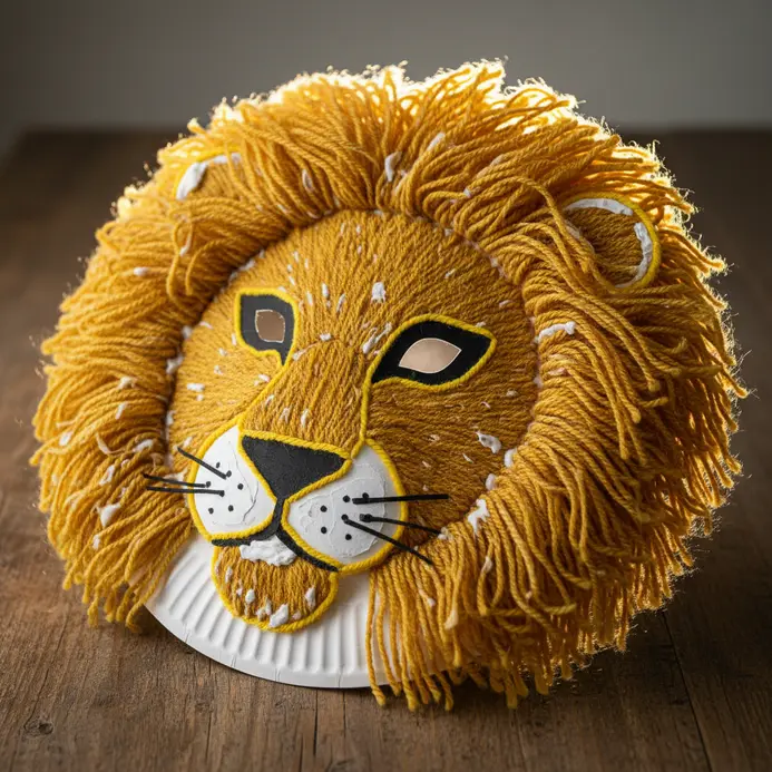 A paper plate lion mask with a full, textured mane made from glued yellow yarn.