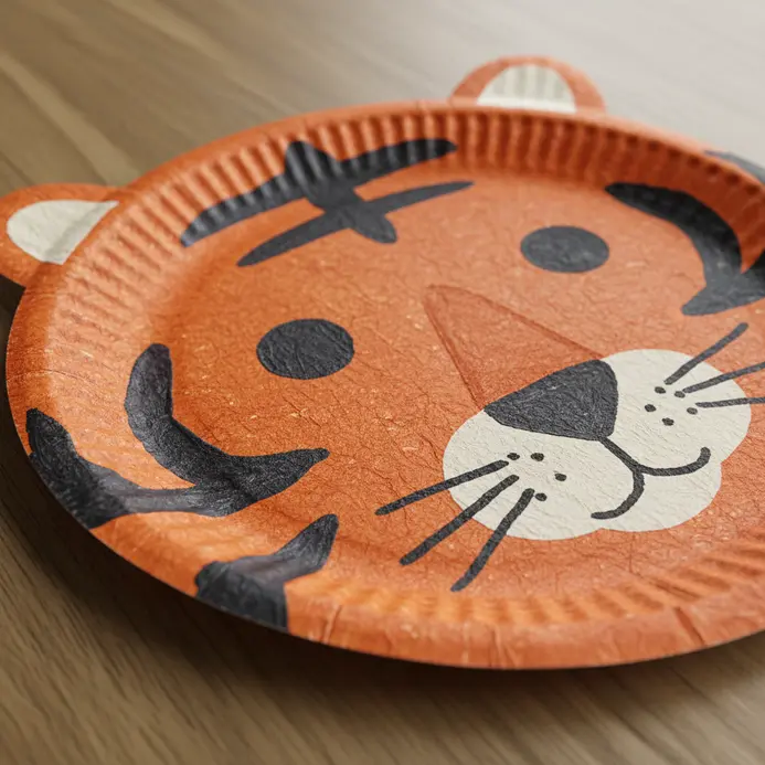 An orange paper plate tiger face with hand-painted or paper black stripes.