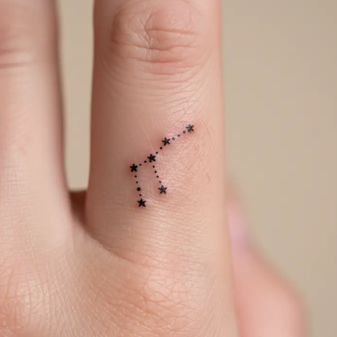 A few minuscule dots connected by a faint line form the Pisces symbol on the side of a finger.