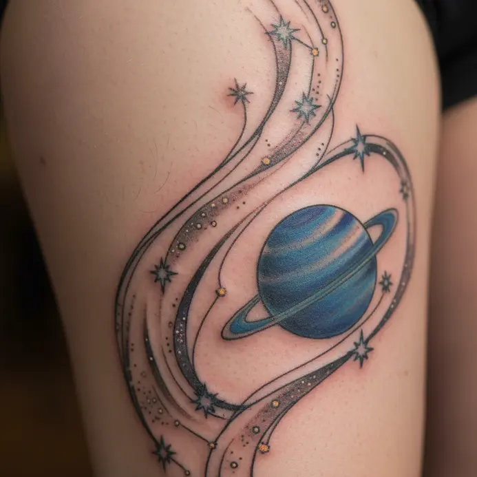 A blue-green planet labeled Neptune is encircled by a ring of stars forming the Pisces constellation on a thigh.