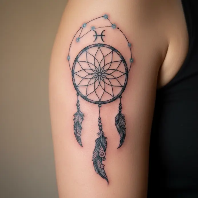 A dreamcatcher tattoo on the upper arm has its web woven from a line of stars forming the Pisces symbol.