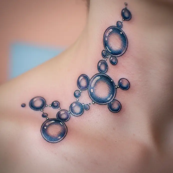 A delicate line of small bubbles and star dots traces the curve of the collarbone.