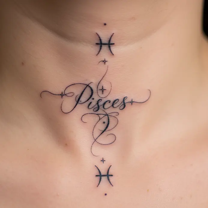 A cursive script spelling Pisces runs down the spine, with star dots replacing parts of the lettering.