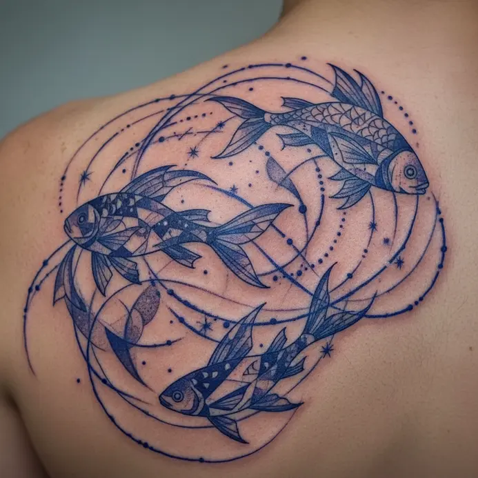 Two fluid, abstract shapes suggesting fish are composed entirely of connected star dots on a shoulder blade.