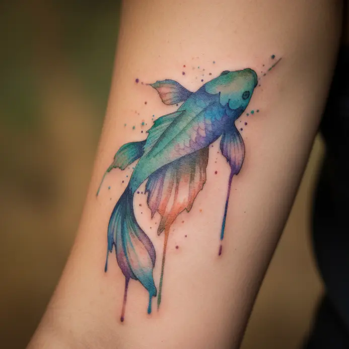 Soft blue and purple watercolor blends into a fish shape dotted with a star constellation on an arm.